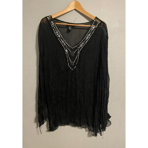 Marianne Womens Top 3X Black Floral Embroidered Sheer Sequin Draped Witchy Y2K